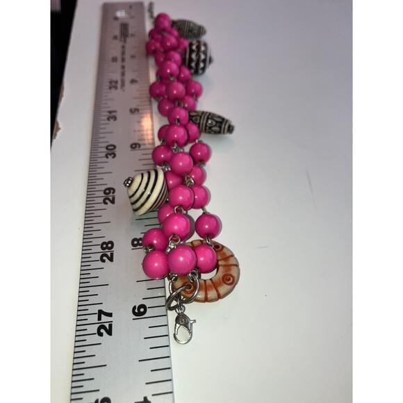 Pink Beaded Wood Ethnic Charms 9 3/8" Bracelet Vintage! - Picture 8 of 8